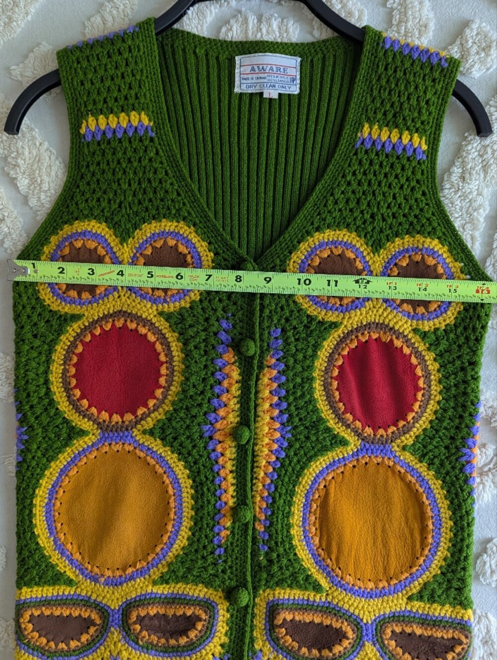 TRUE vintage Aware 1970s Crochet Suede leather Sweater Vest Green 70s Large - Picture 9 of 10